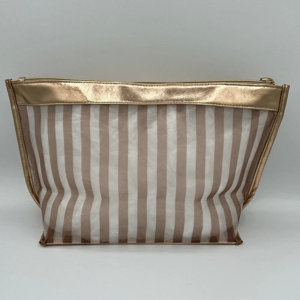 Victoria's Secret Striped Clear Cosmetic Bag Metallic Rose Gold Travel Pouch NWT
